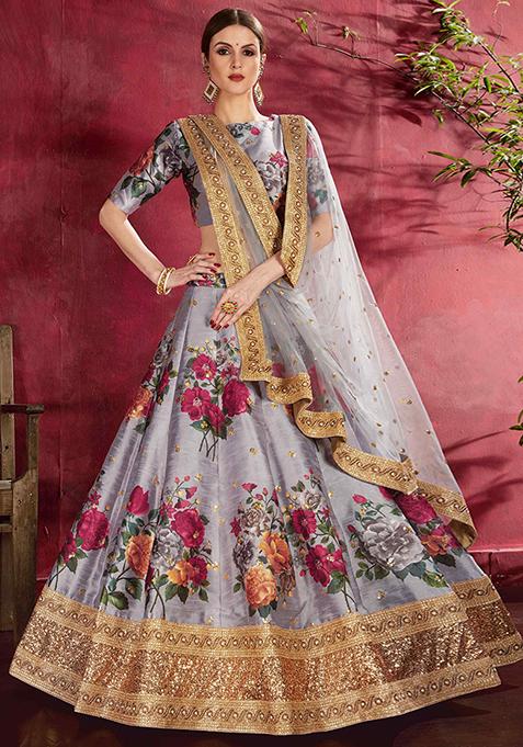 Grey Floral Print Embroidered Art Silk Lehenga Set