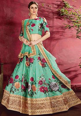 Light Green Floral Print Embroidered Art Silk Lehenga Set