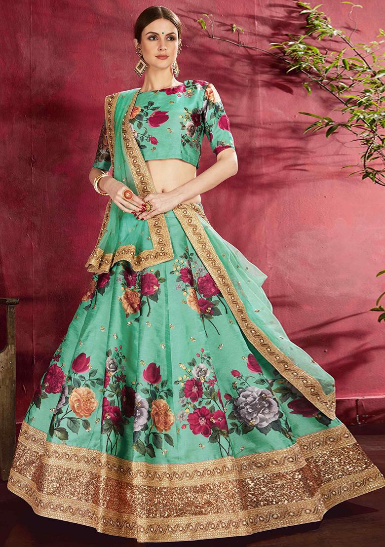 Light Green Floral Print Embroidered Art Silk Lehenga Set