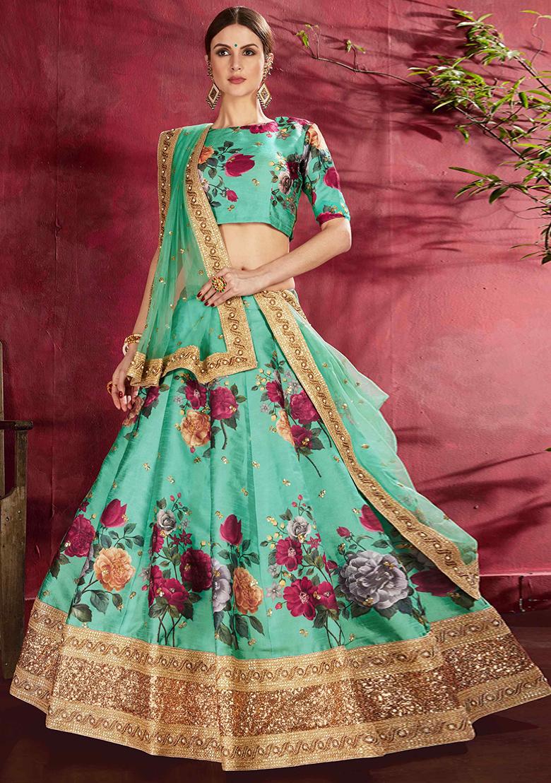 Light Green Floral Print Embroidered Art Silk Lehenga Set