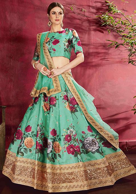 Light Green Floral Print Embroidered Art Silk Lehenga Set
