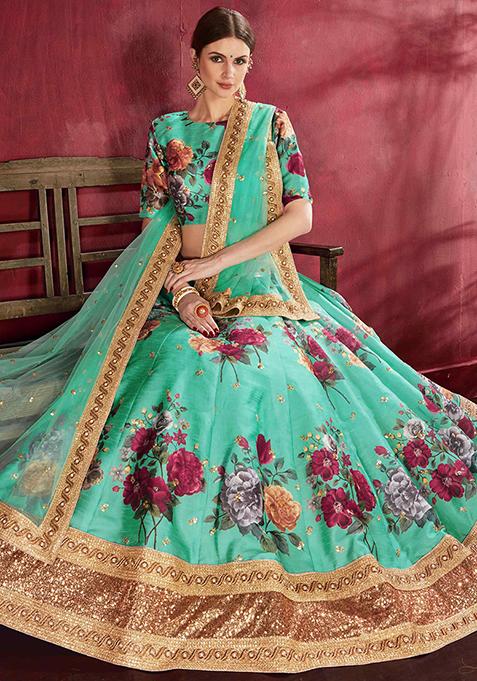 Light Green Floral Print Embroidered Art Silk Lehenga Set