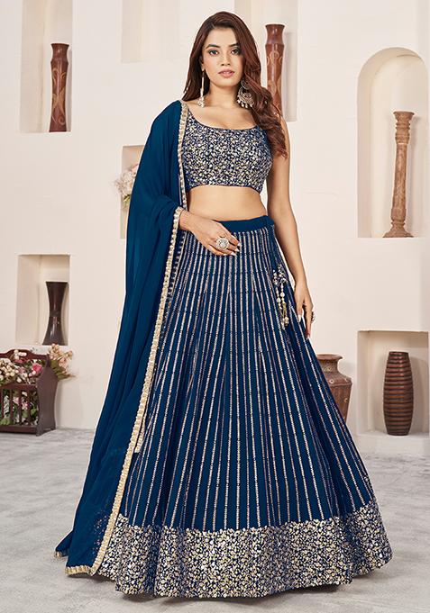 Blue Zari Sequin Embroidered Georgette Lehenga Set
