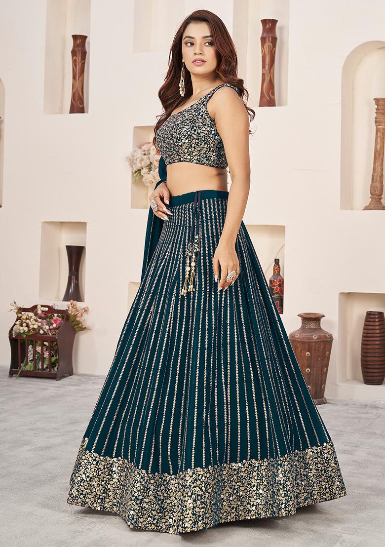 Green Zari Sequin Embroidered Georgette Lehenga Set - Indya