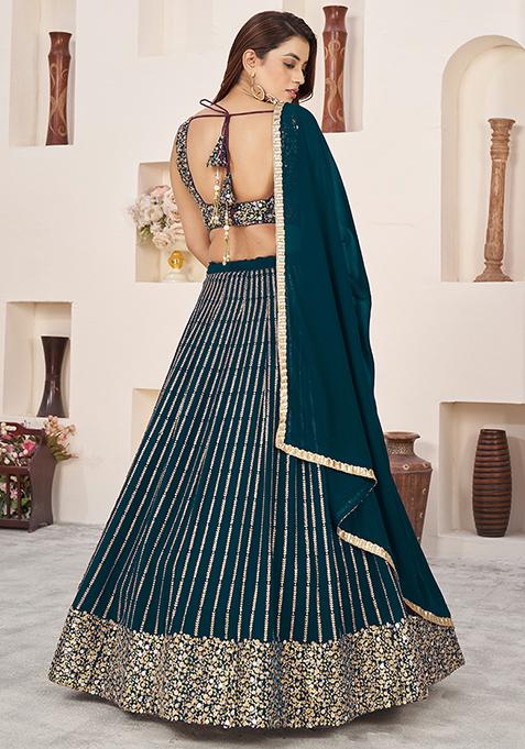 Green Zari Sequin Embroidered Georgette Lehenga Set