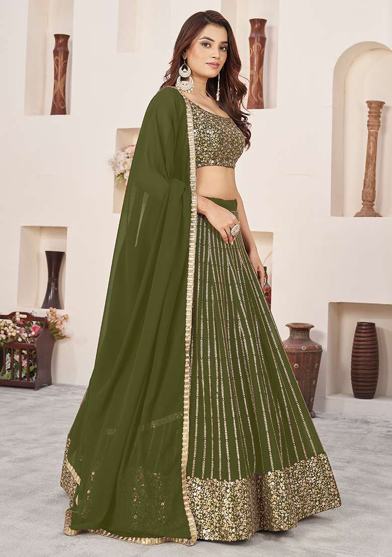 Olive Zari Sequin Embroidered Georgette Lehenga Set for Diwali and Festive Wear - Indya