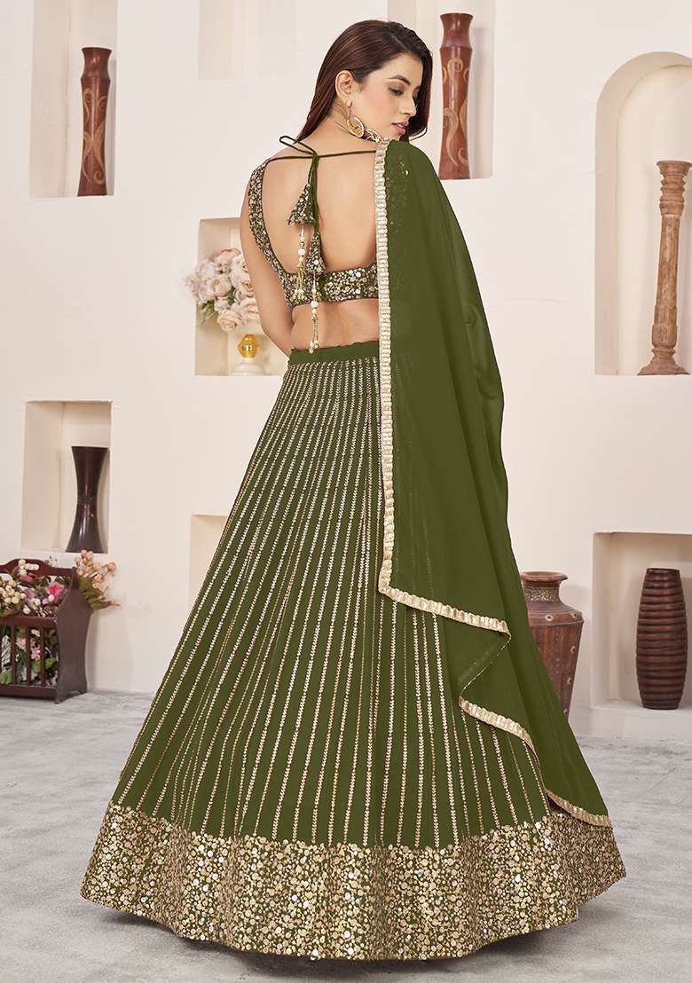 Olive Zari Sequin Embroidered Georgette Lehenga Set for Diwali and Festive Wear - Indya