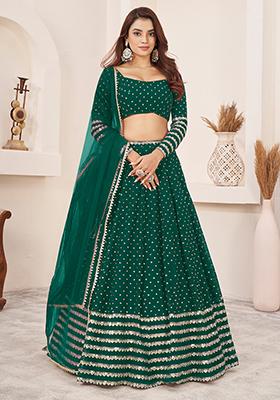 Teal Green Zari Sequin Embroidered Georgette Lehenga Set