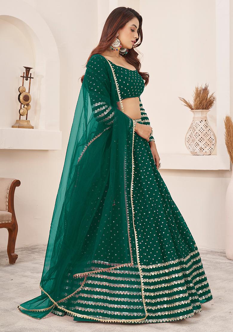 Teal Green Zari Sequin Embroidered Georgette Lehenga Set