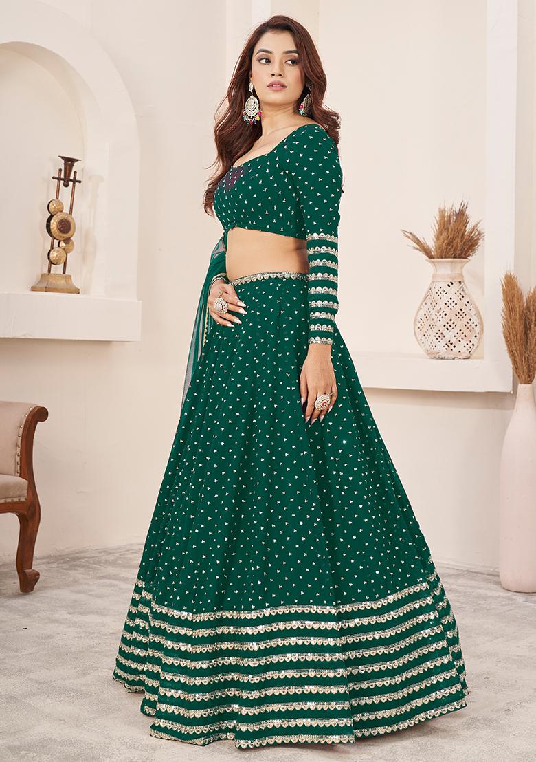 Teal Green Zari Sequin Embroidered Georgette Lehenga Set
