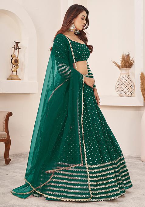 Teal Green Zari Sequin Embroidered Georgette Lehenga Set