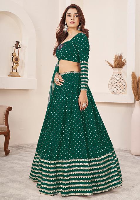 Teal Green Zari Sequin Embroidered Georgette Lehenga Set