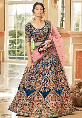 Blue Sequin Thread Embroidered Velvet Lehenga Set
