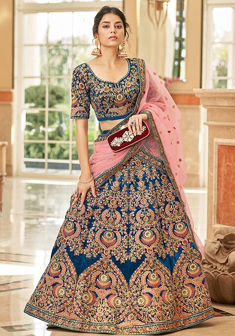 Blue Sequin Thread Embroidered Velvet Lehenga Set