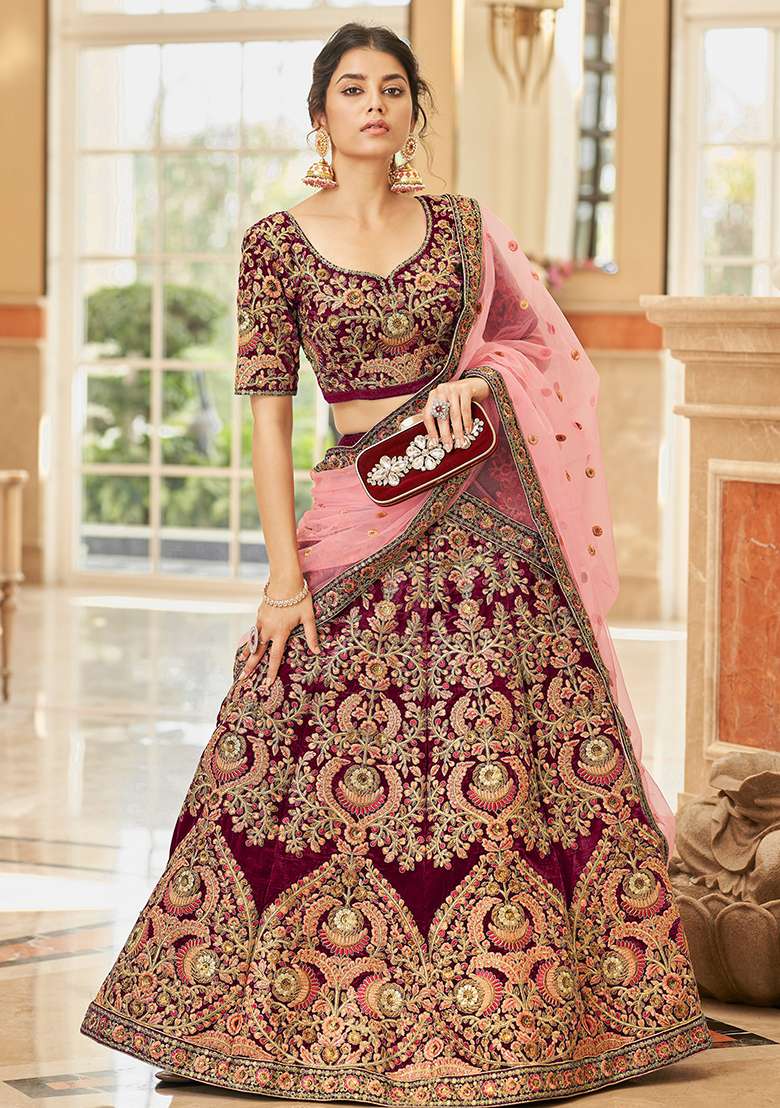Maroon Sequin Thread Embroidered Velvet Lehenga Set - Indya