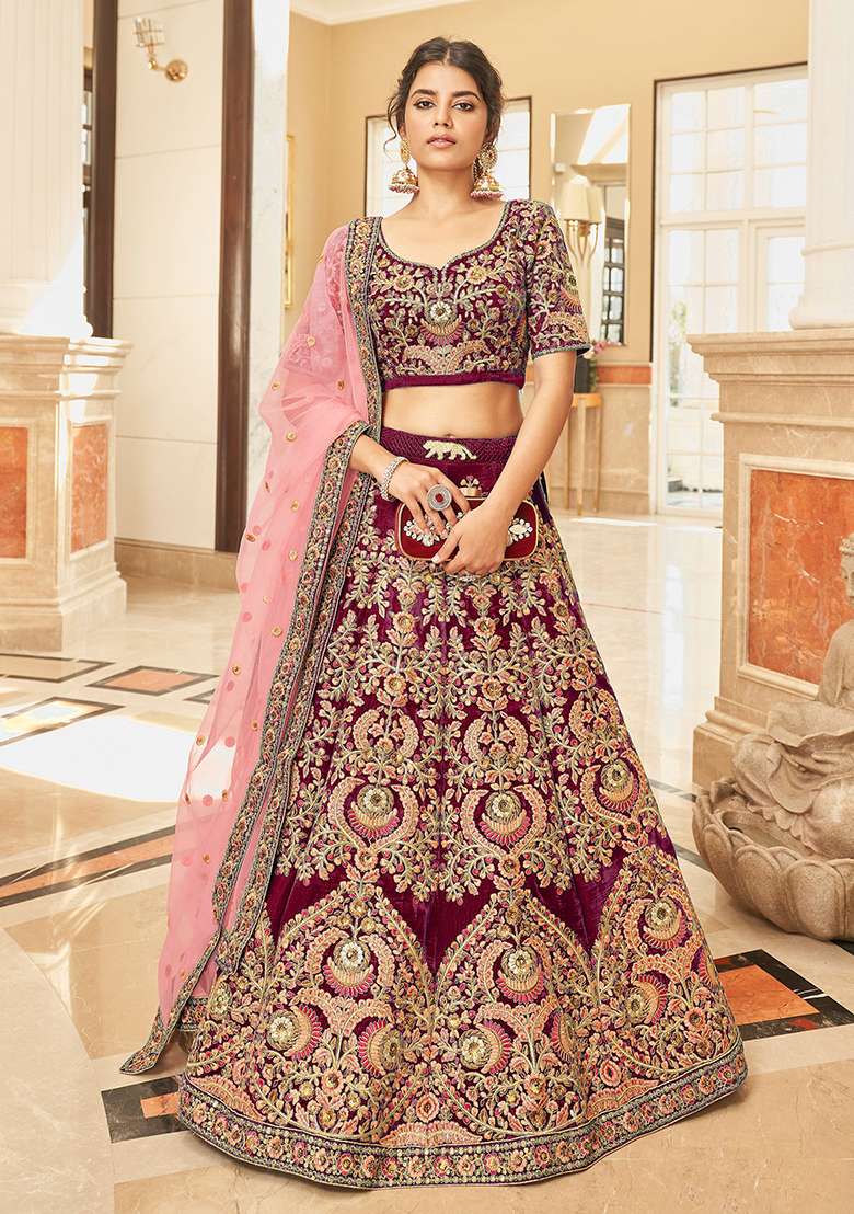 Maroon Sequin Thread Embroidered Velvet Lehenga Set - Indya