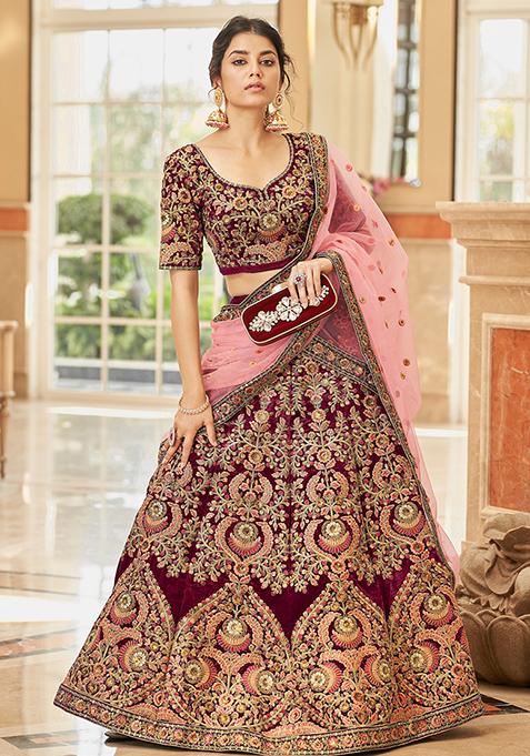 Maroon Sequin Thread Embroidered Velvet Lehenga Set