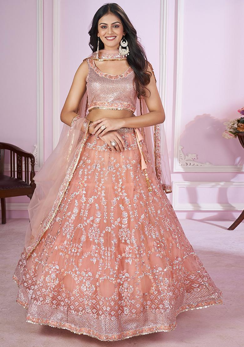 Pink Sequin Thread Embroidered Net Lehenga Set