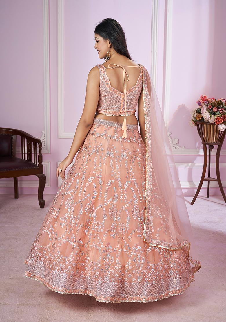 Pink Sequin Thread Embroidered Net Lehenga Set