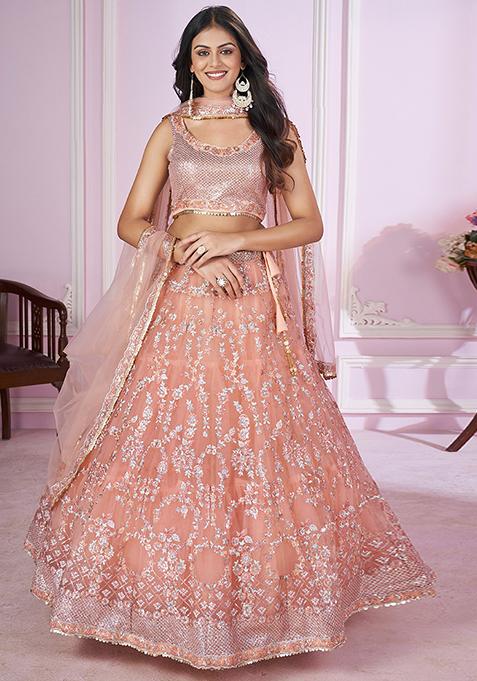 Pink Sequin Thread Embroidered Net Lehenga Set