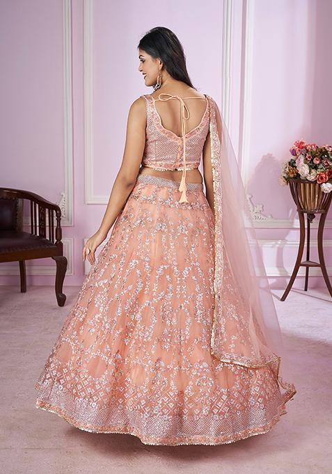 Pink Sequin Thread Embroidered Net Lehenga Set