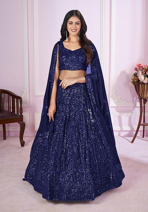 Blue Sequin Thread Embroidered Georgette Lehenga Set