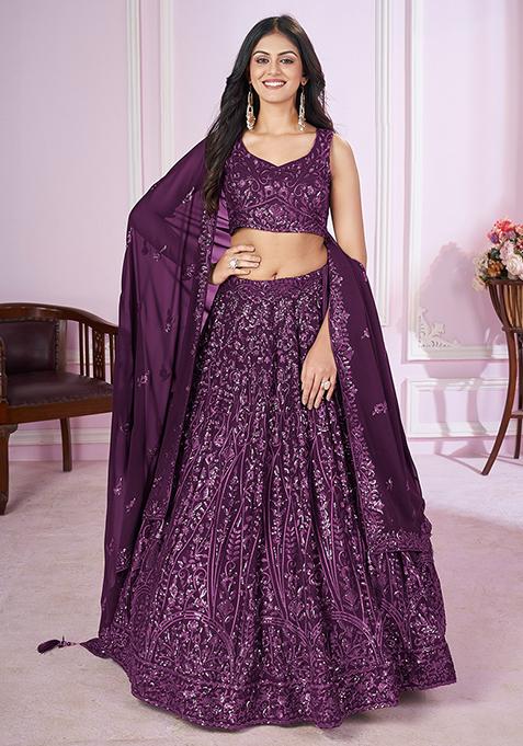 Purple Sequin Thread Embroidered Georgette Lehenga Set