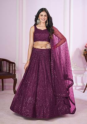 Purple Sequin Thread Embroidered Net Lehenga Set