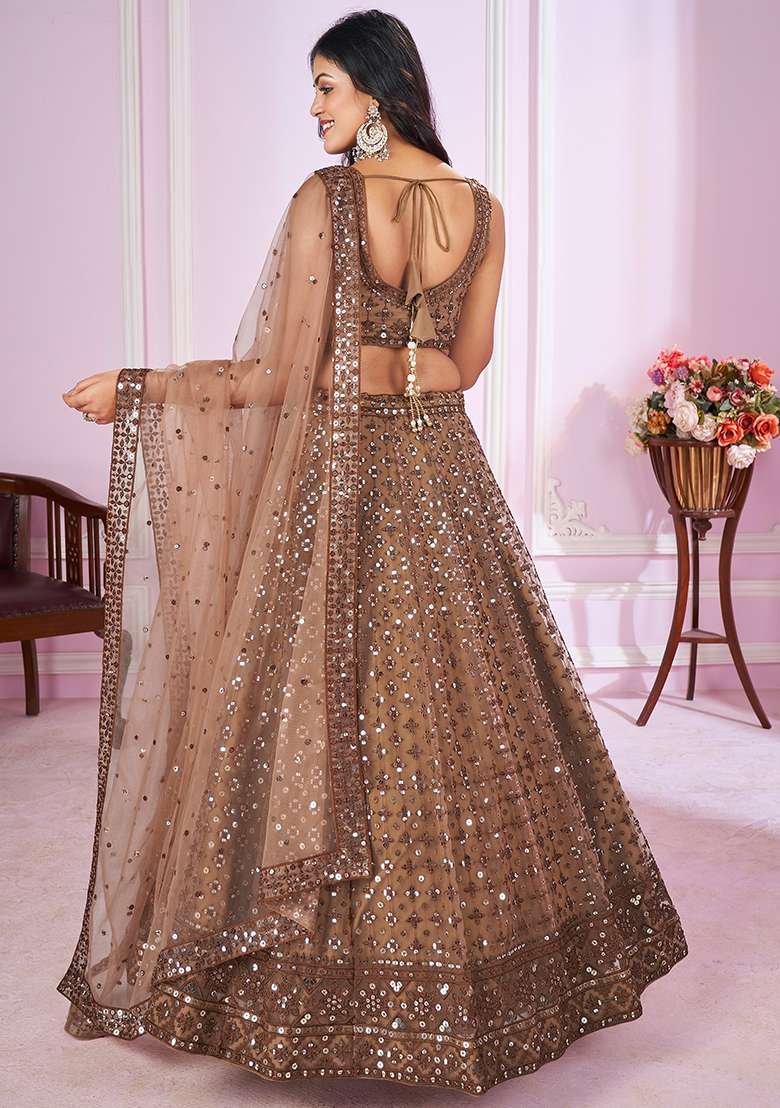 Brown Sequin Thread Embroidered Net Lehenga Set for Diwali and Festive Wear - Indya