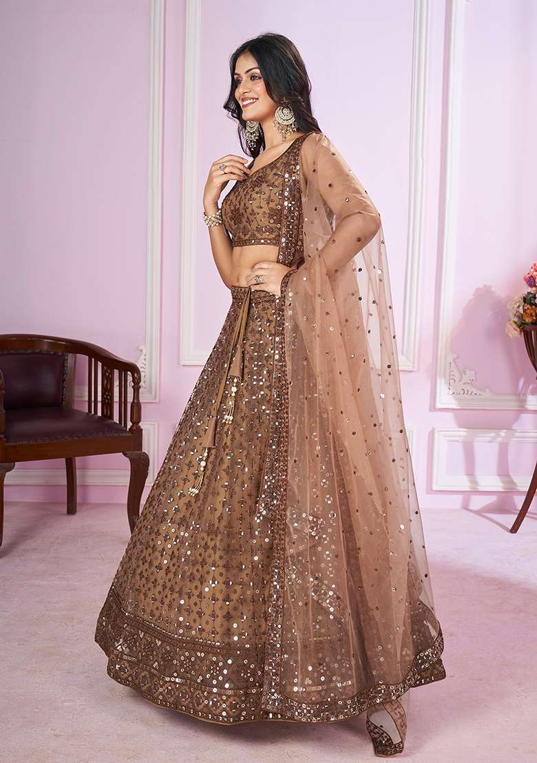Brown Sequin Thread Embroidered Net Lehenga Set for Diwali and Festive Wear - Indya