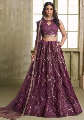 Wine Sequin Thread Embroidered Net Lehenga Set