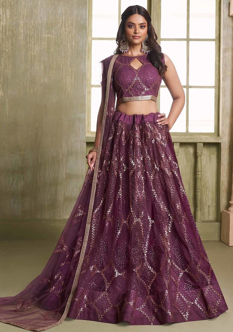 Wine Sequin Thread Embroidered Net Lehenga Set