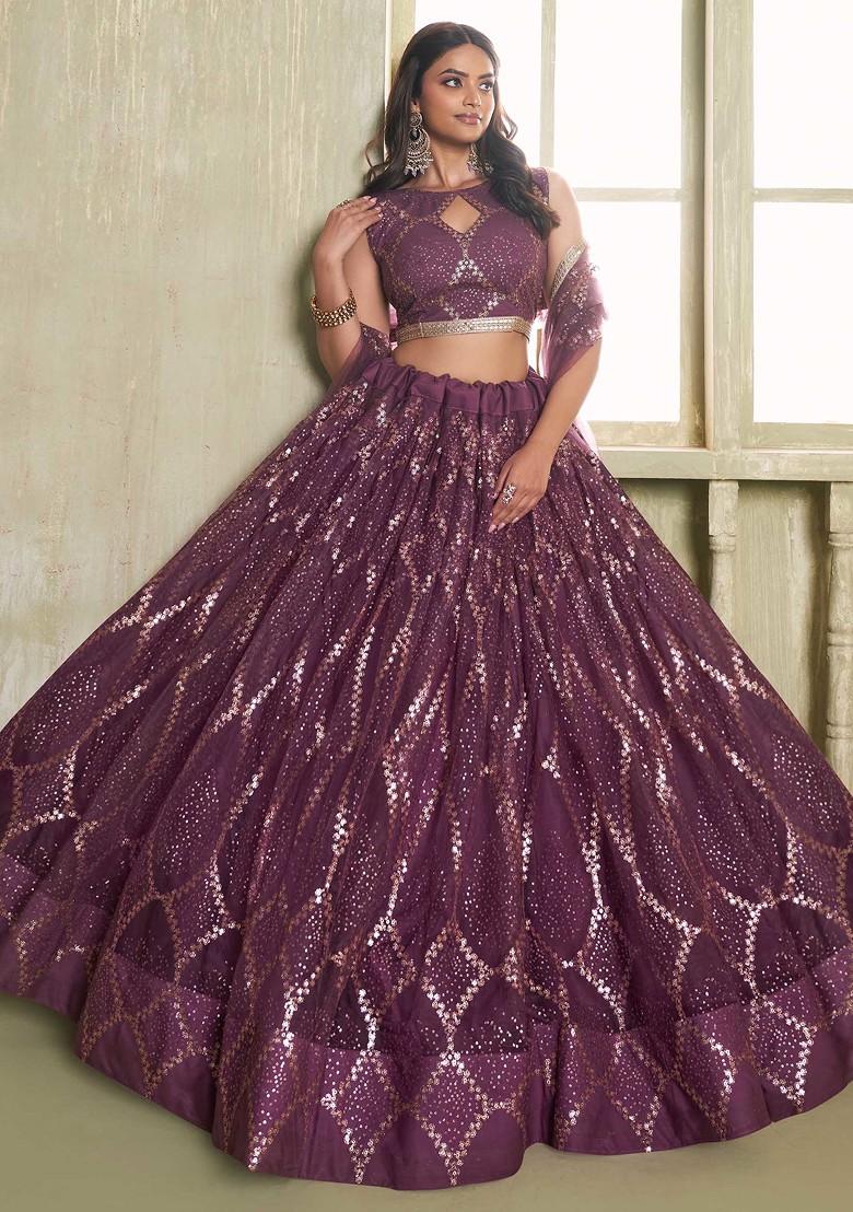 Wine Sequin Thread Embroidered Net Lehenga Set