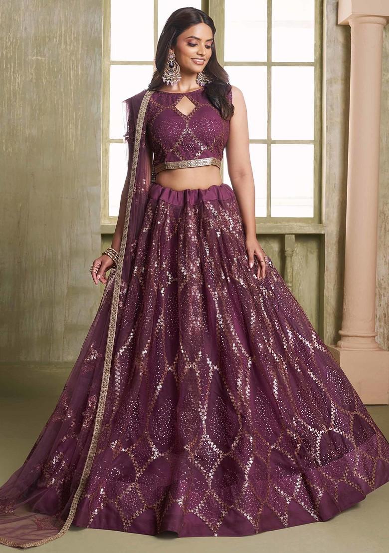 Wine Sequin Thread Embroidered Net Lehenga Set