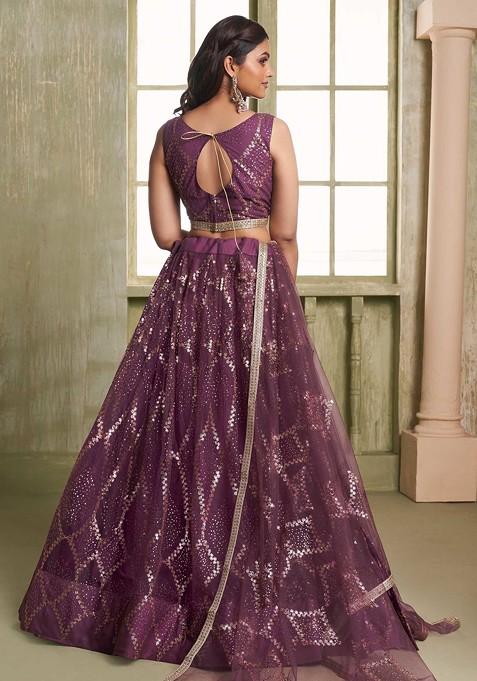 Wine Sequin Thread Embroidered Net Lehenga Set