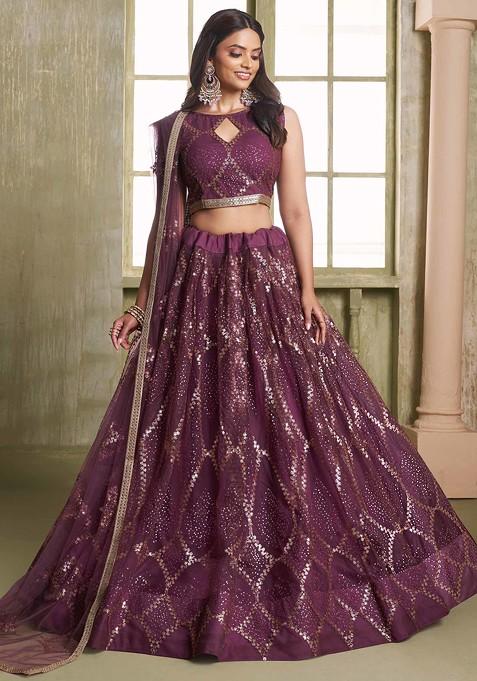 Wine Sequin Thread Embroidered Net Lehenga Set