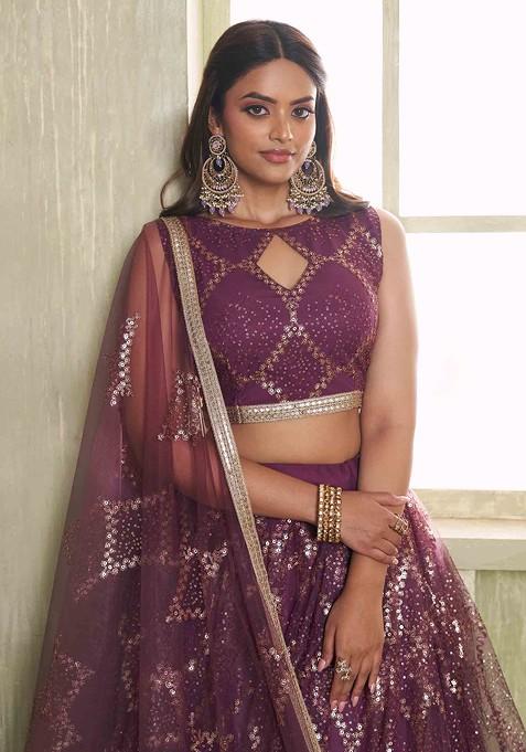 Wine Sequin Thread Embroidered Net Lehenga Set