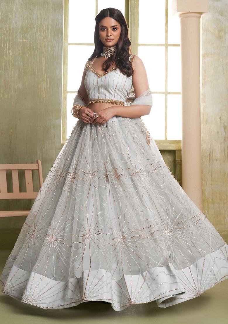Light Grey Sequin Thread Embroidered Net Lehenga Set