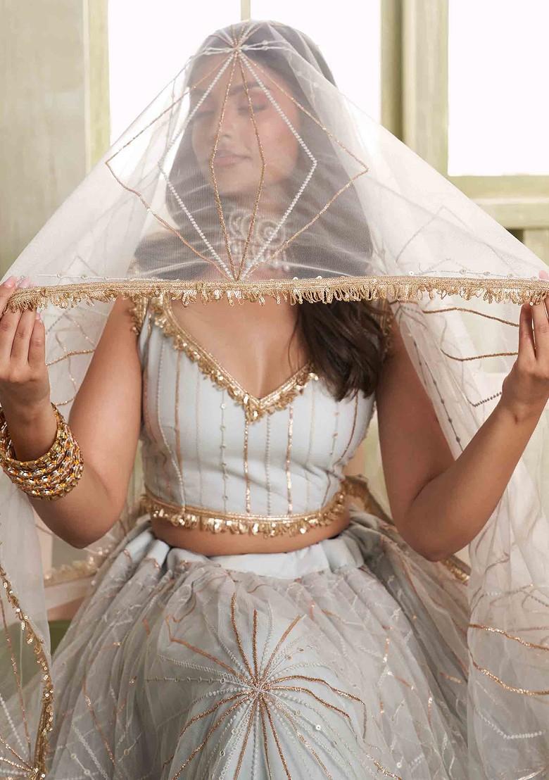 Light Grey Sequin Thread Embroidered Net Lehenga Set