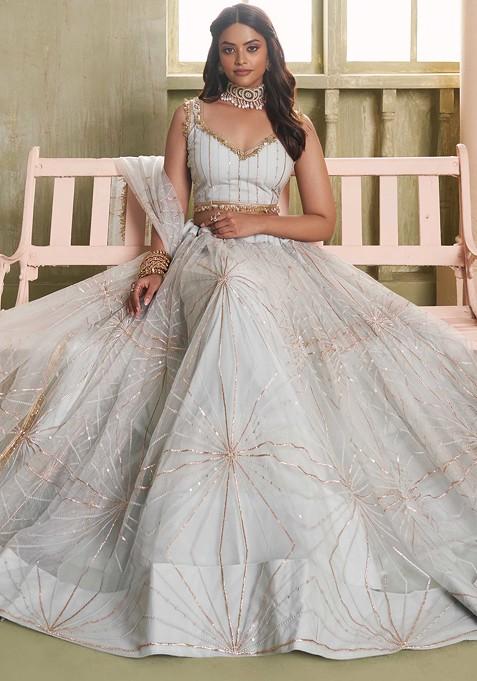 Light Grey Sequin Thread Embroidered Net Lehenga Set