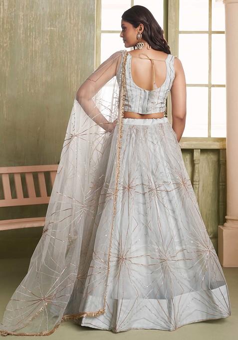Light Grey Sequin Thread Embroidered Net Lehenga Set