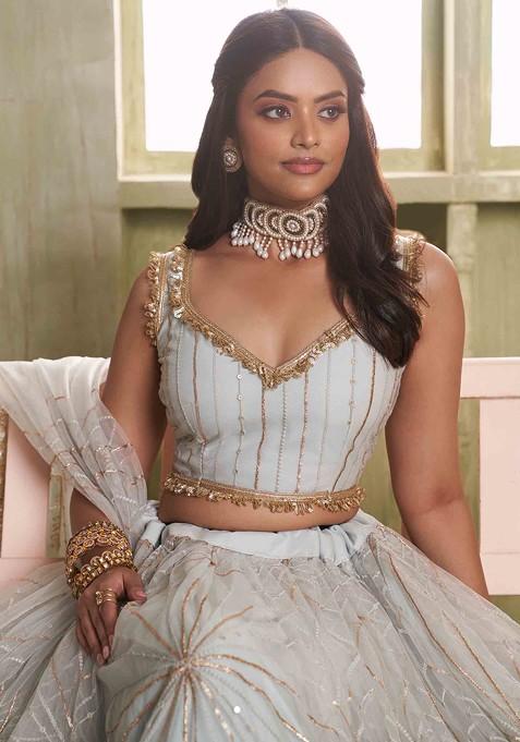 Light Grey Sequin Thread Embroidered Net Lehenga Set