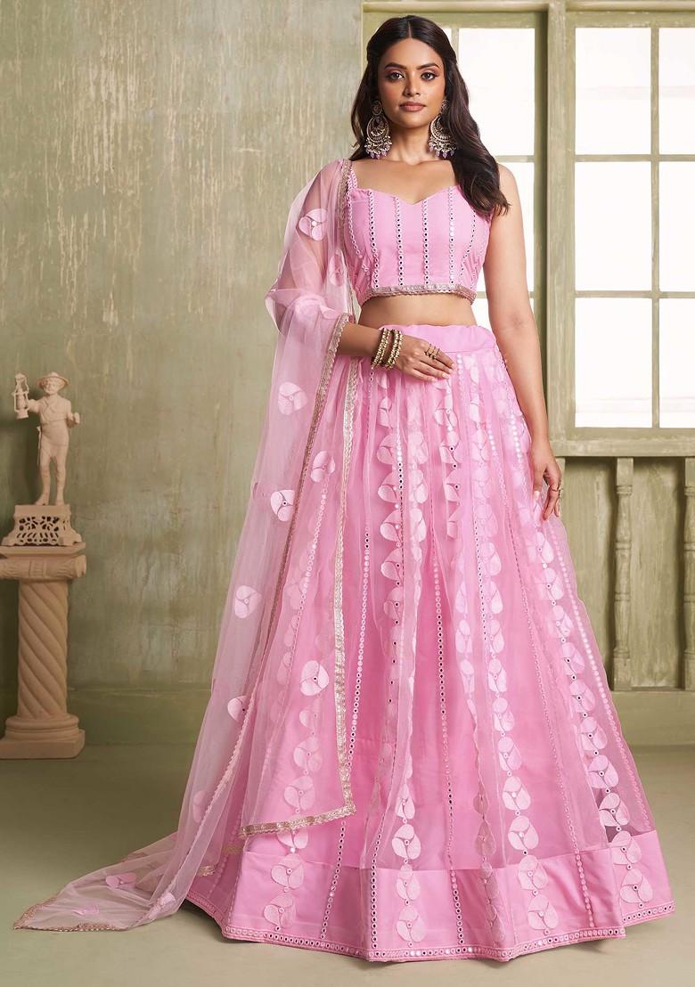 Pink Sequin Thread Embroidered Net Lehenga Set