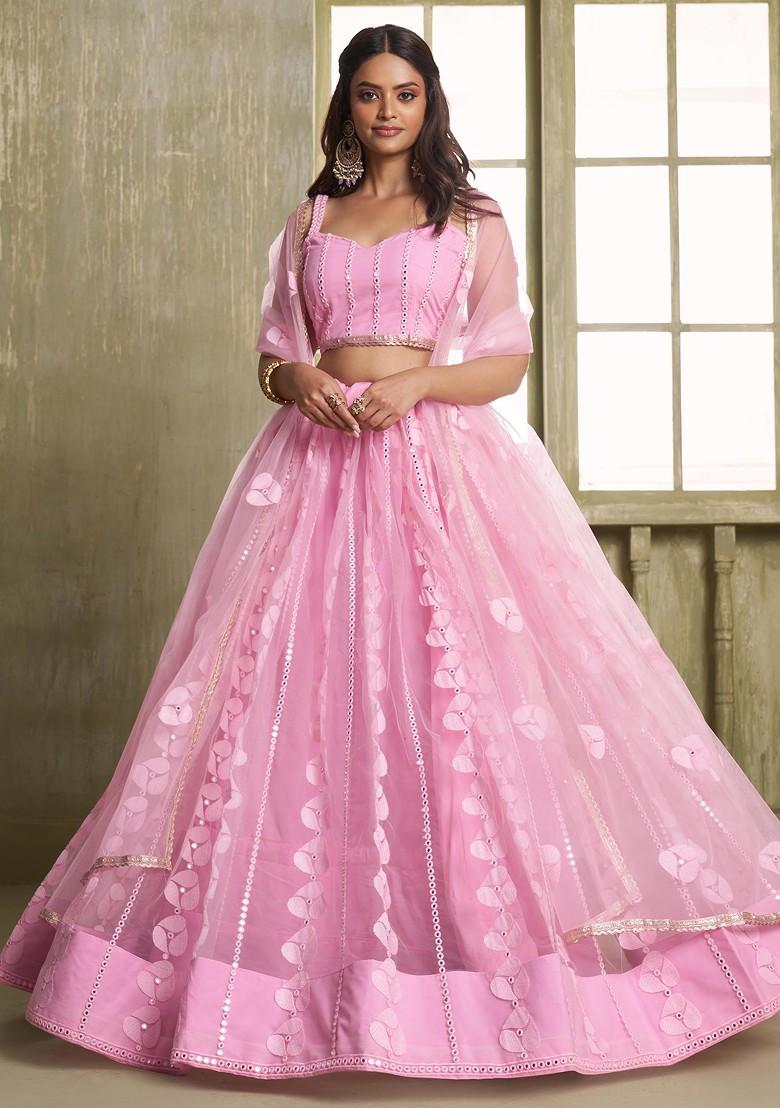 Pink Sequin Thread Embroidered Net Lehenga Set