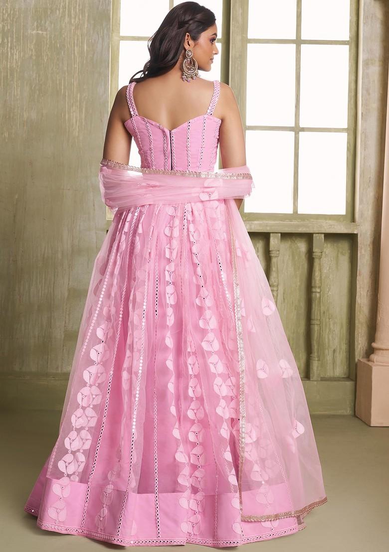 Pink Sequin Thread Embroidered Net Lehenga Set