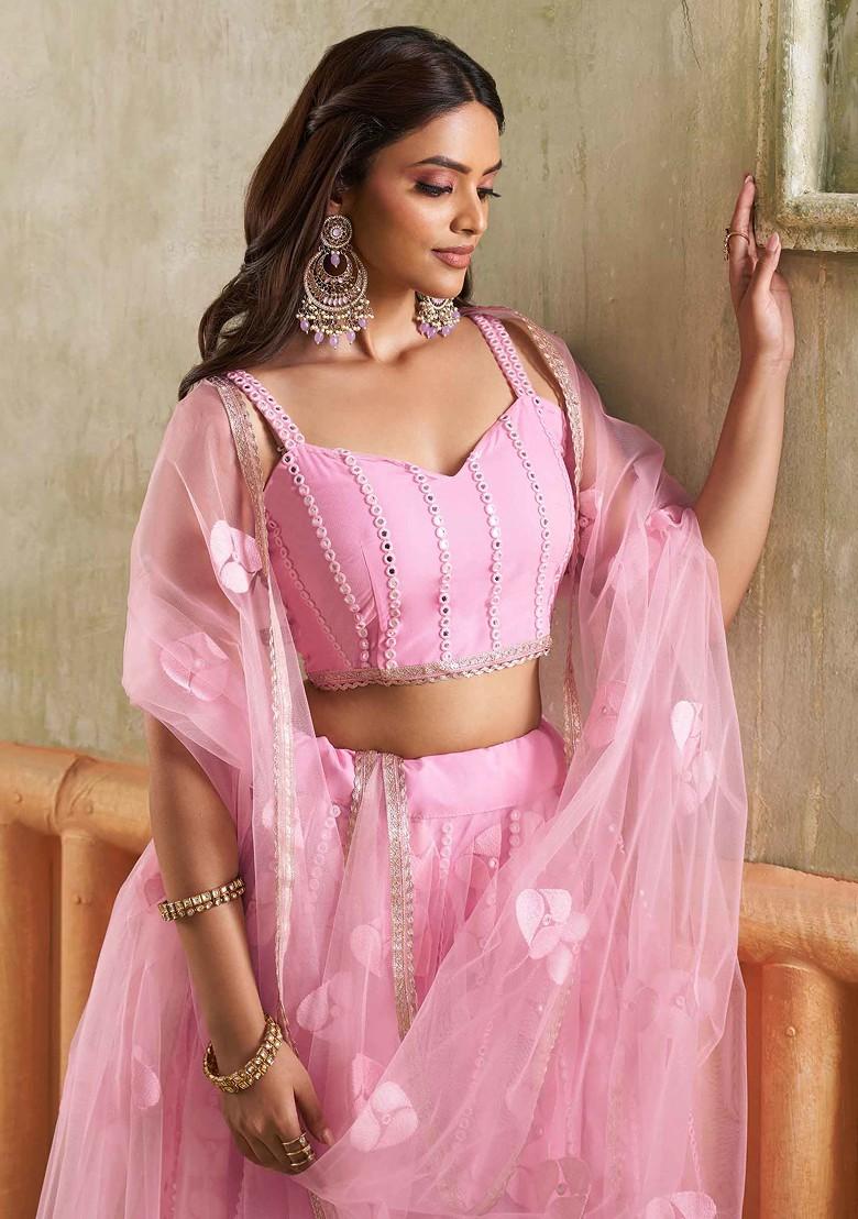 Pink Sequin Thread Embroidered Net Lehenga Set