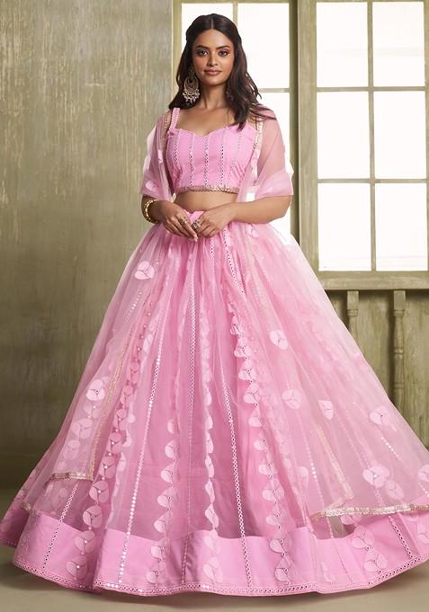 Pink Sequin Thread Embroidered Net Lehenga Set