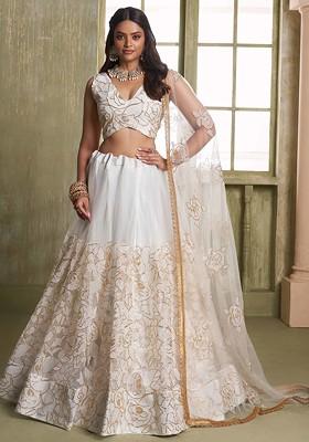 Off White Sequin Thread Embroidered Net Lehenga Set