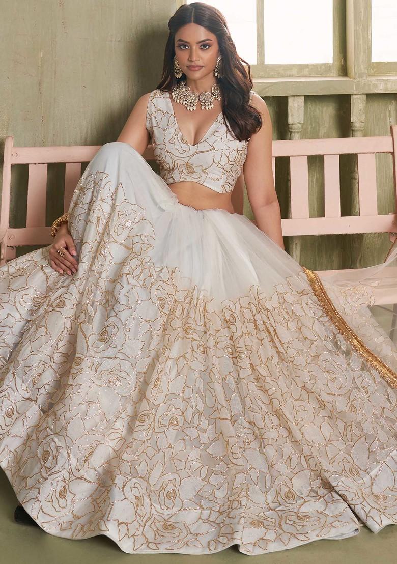 Off White Sequin Thread Embroidered Net Lehenga Set