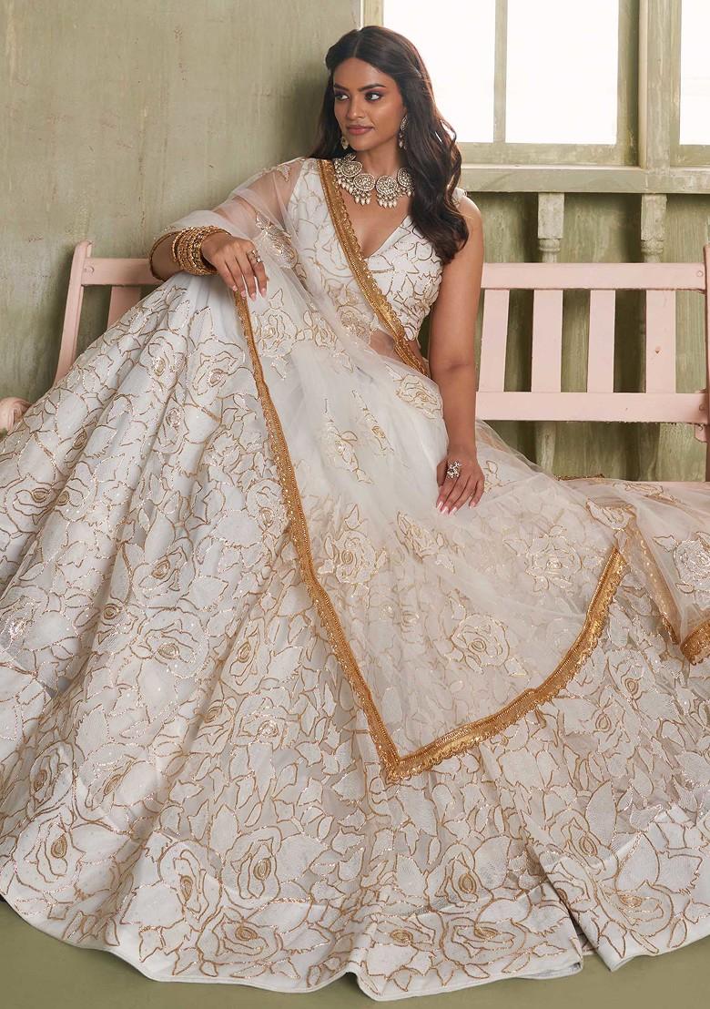 Off White Sequin Thread Embroidered Net Lehenga Set